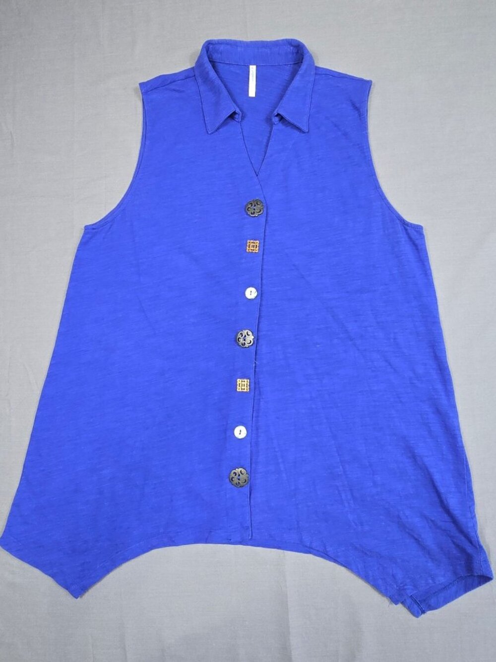 Passports Sleeveless Lagenlook Royal Blue Tunic Top XL 100% Cotton Asymmetrical